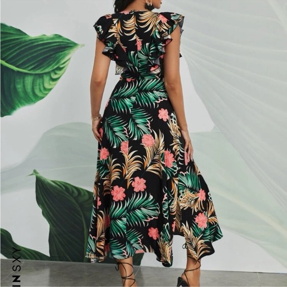 SHEIN SXY Tropical Print Deep V Neck Layered Sleeve Dress - Picture 3 of 4